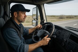Chauffeur poids lourd en action sur une route moderne