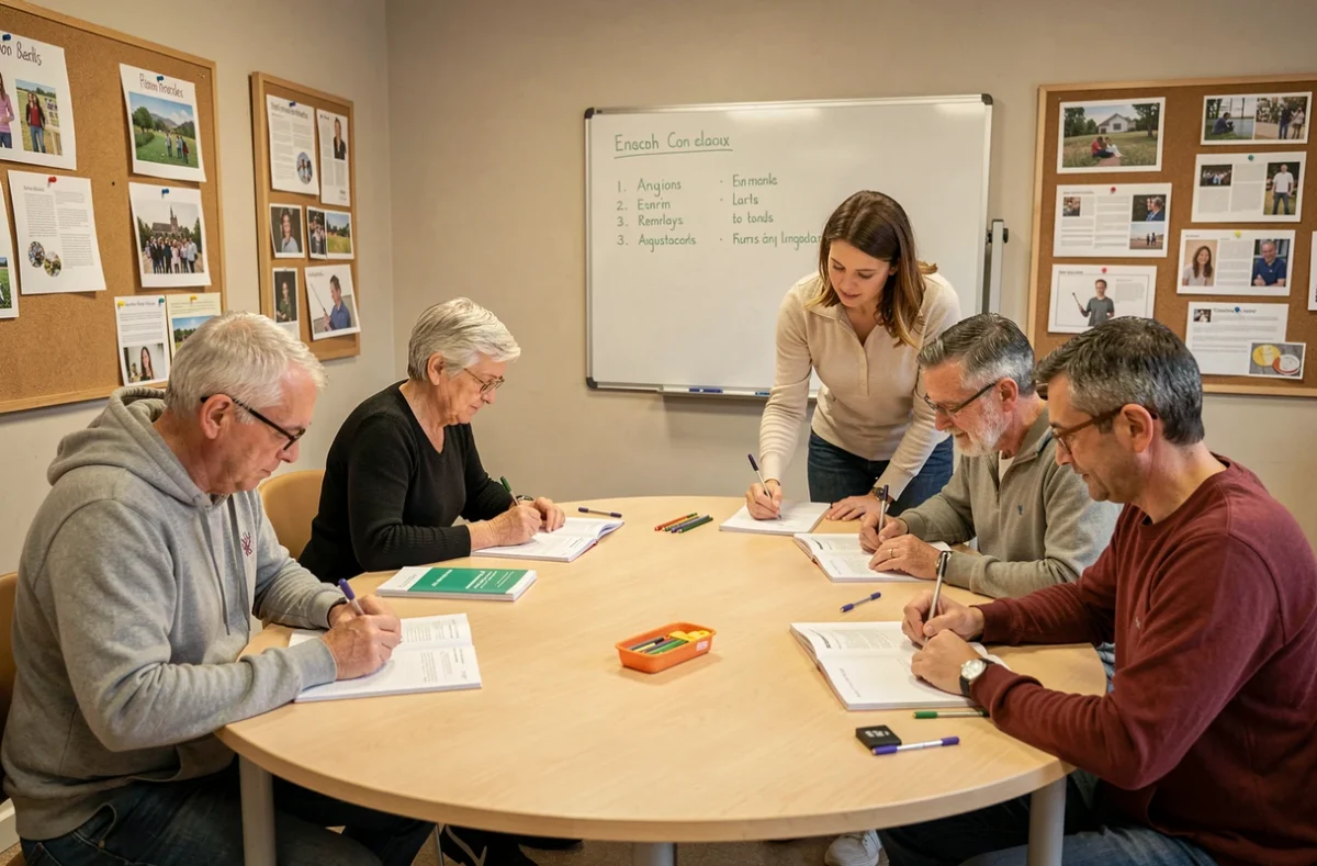 Groupe d'apprenants adultes de niveaux variés en cours d'anglais à l'Académie des Langues de Caen