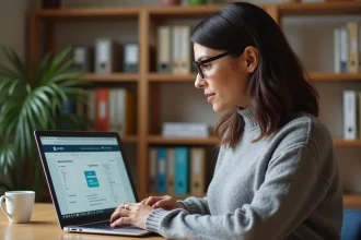 Femme utilisant le portail LSU depuis son domicile sur un ordinateur portable dans un bureau à la maison