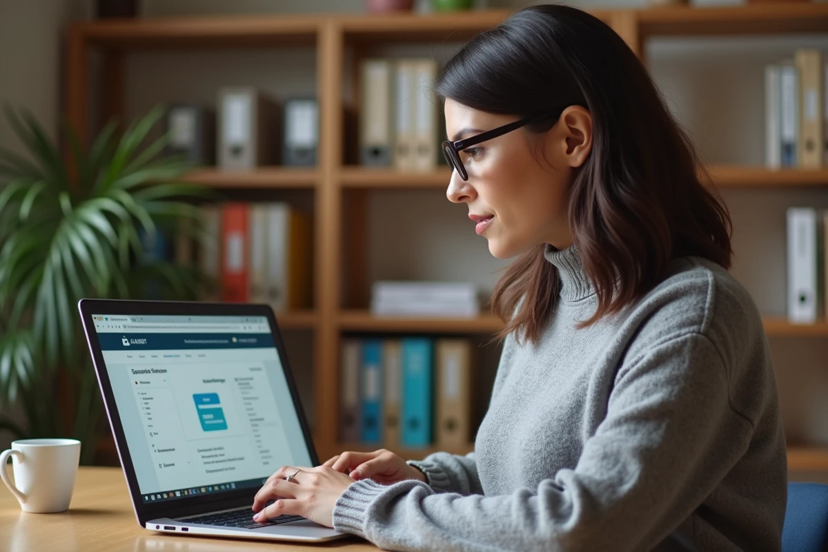 Femme utilisant le portail LSU depuis son domicile sur un ordinateur portable dans un bureau à la maison