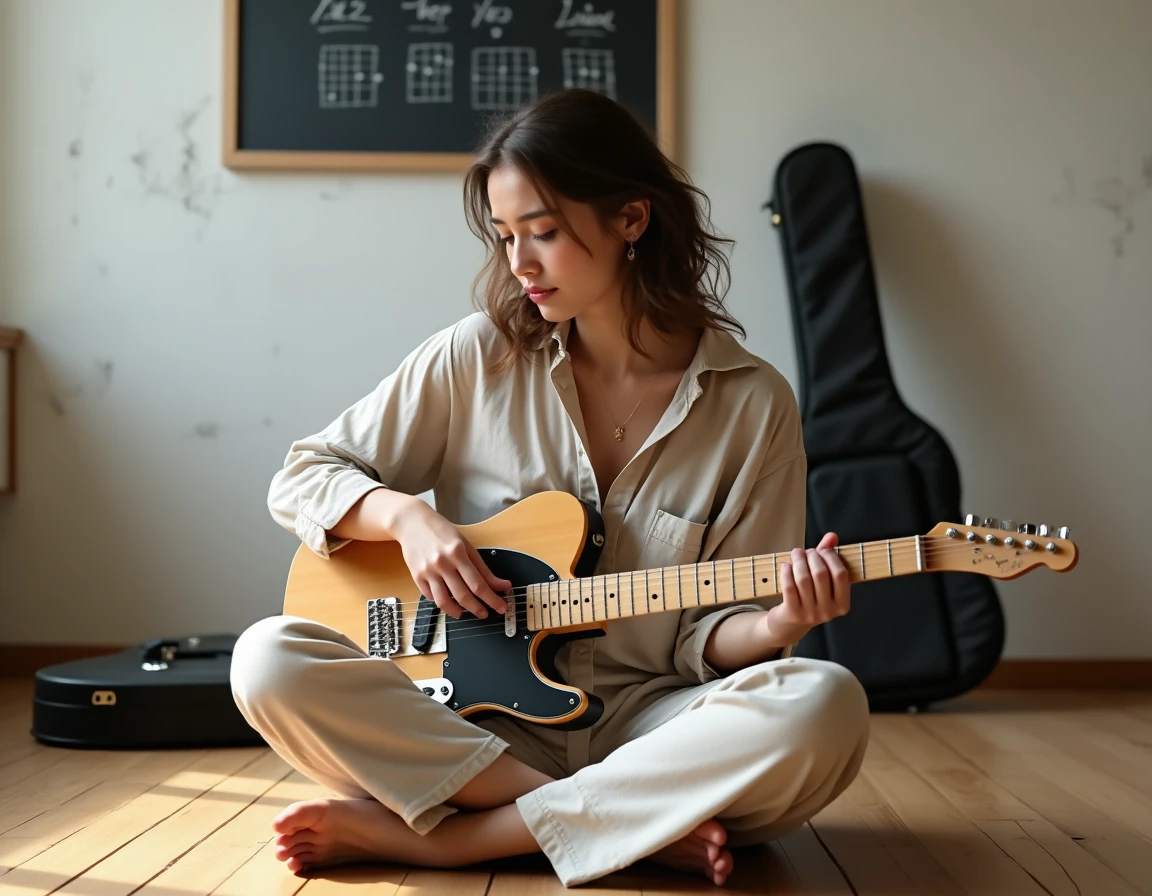 Jeune femme apprenant l'accord Gm sur guitare électrique dans une salle de répétition minimaliste avec schéma d'accord au tableau
