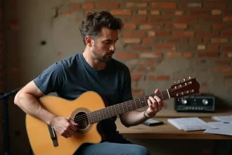 Guitariste jouant l'accord de Sol mineur (Gm) sur une guitare acoustique classique dans un studio maison aux murs en briques apparentes