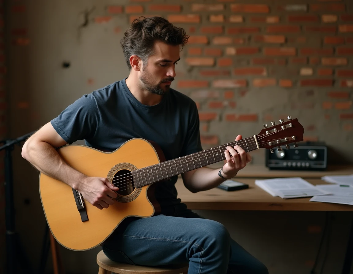 Guitariste jouant l'accord de Sol mineur (Gm) sur une guitare acoustique classique dans un studio maison aux murs en briques apparentes