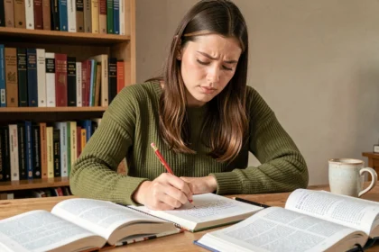 Jeune femme étudiant l'accord du participe passé des verbes en -ir dans un manuel de grammaire française à son bureau