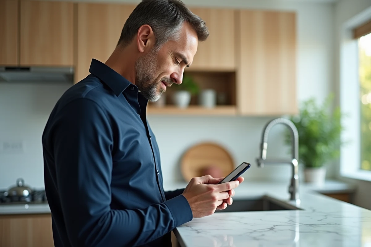 Homme activant son compte en ligne via un email de confirmation sur smartphone dans une cuisine moderne
