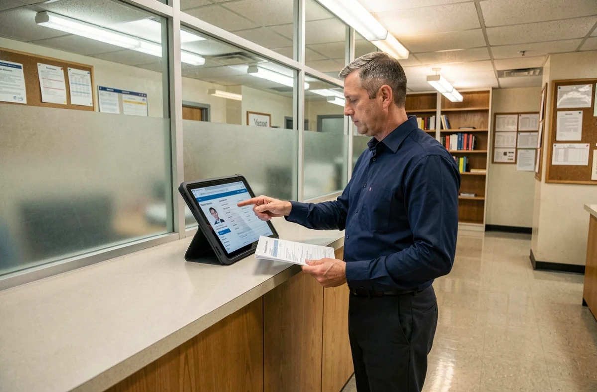 Administrateur scolaire expliquant la procédure d'inscription aux examens via l'interface Cyclades sur une tablette dans un secrétariat de lycée