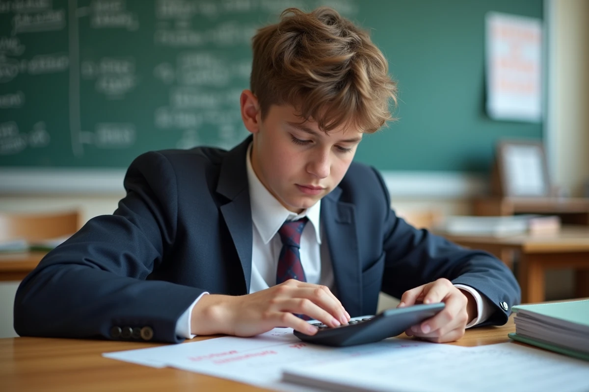 Adolescent en classe calculant ses notes avec une calculatrice scientifique
