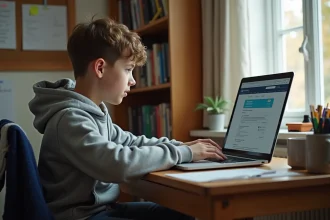 Adolescent consultant son emploi du temps scolaire sur un portail numérique ENC OZE 92 depuis son bureau à la maison