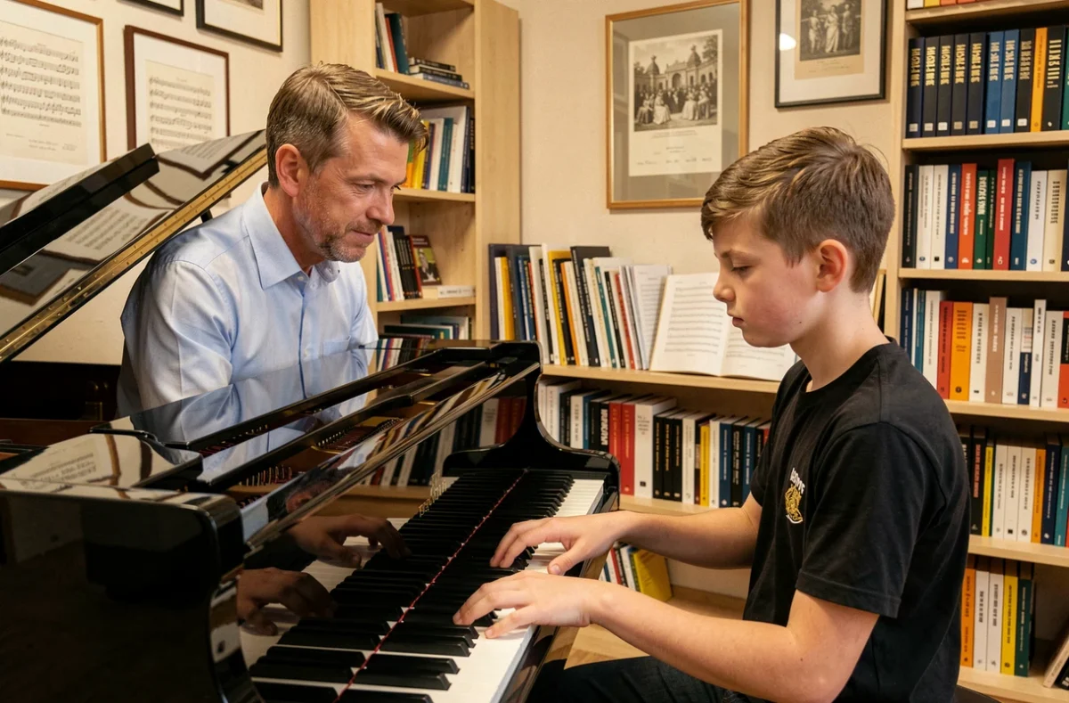 Un professeur de piano et son élève travaillent ensemble à un piano à queue chez Allegro Musique
