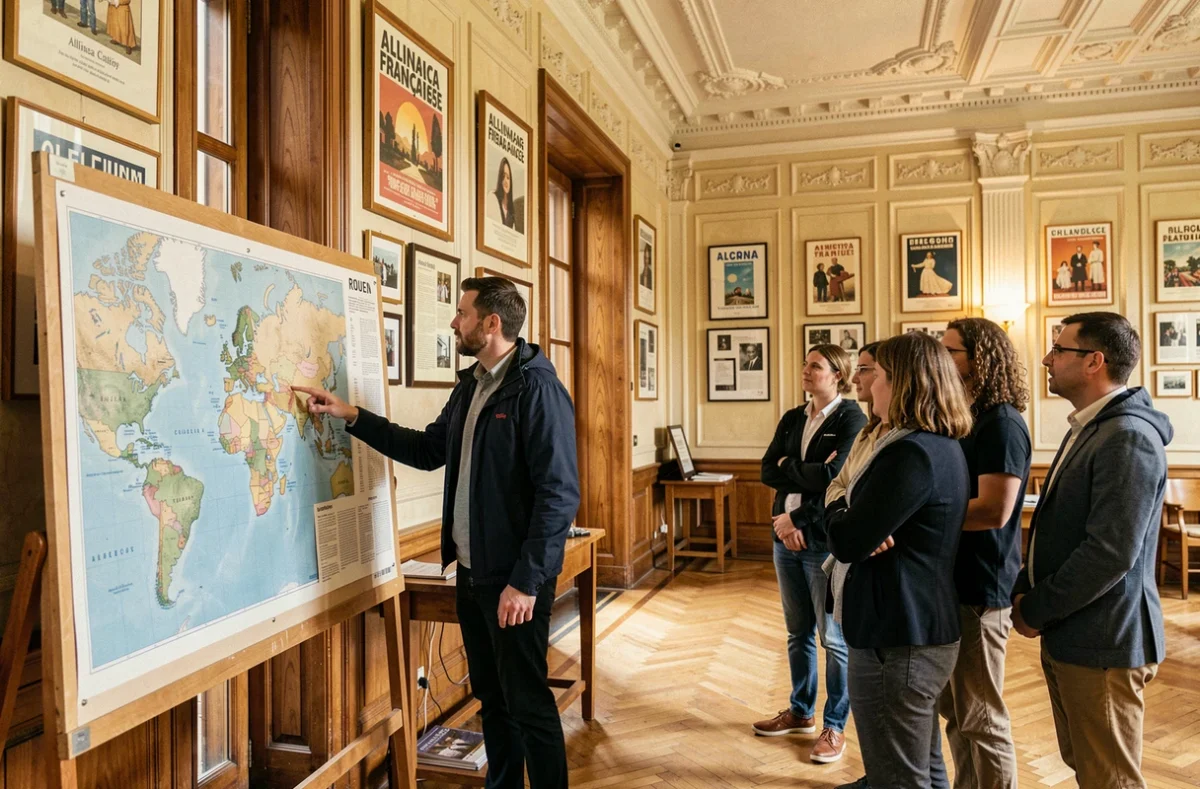 Formateur présentant un cours de langue et culture anglophone dans les locaux de l'Alliance Française de Normandie à Rouen