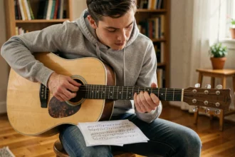 Jeune homme apprenant la guitare acoustique avec une tablature imprimée posée sur le genou dans un salon chaleureux