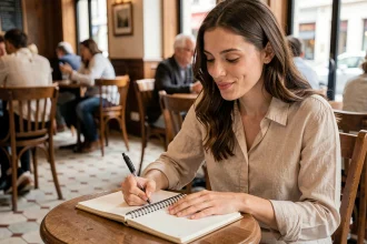 Jeune femme pratiquant la conjugaison espagnole à l'imparfait dans un carnet dans un café européen