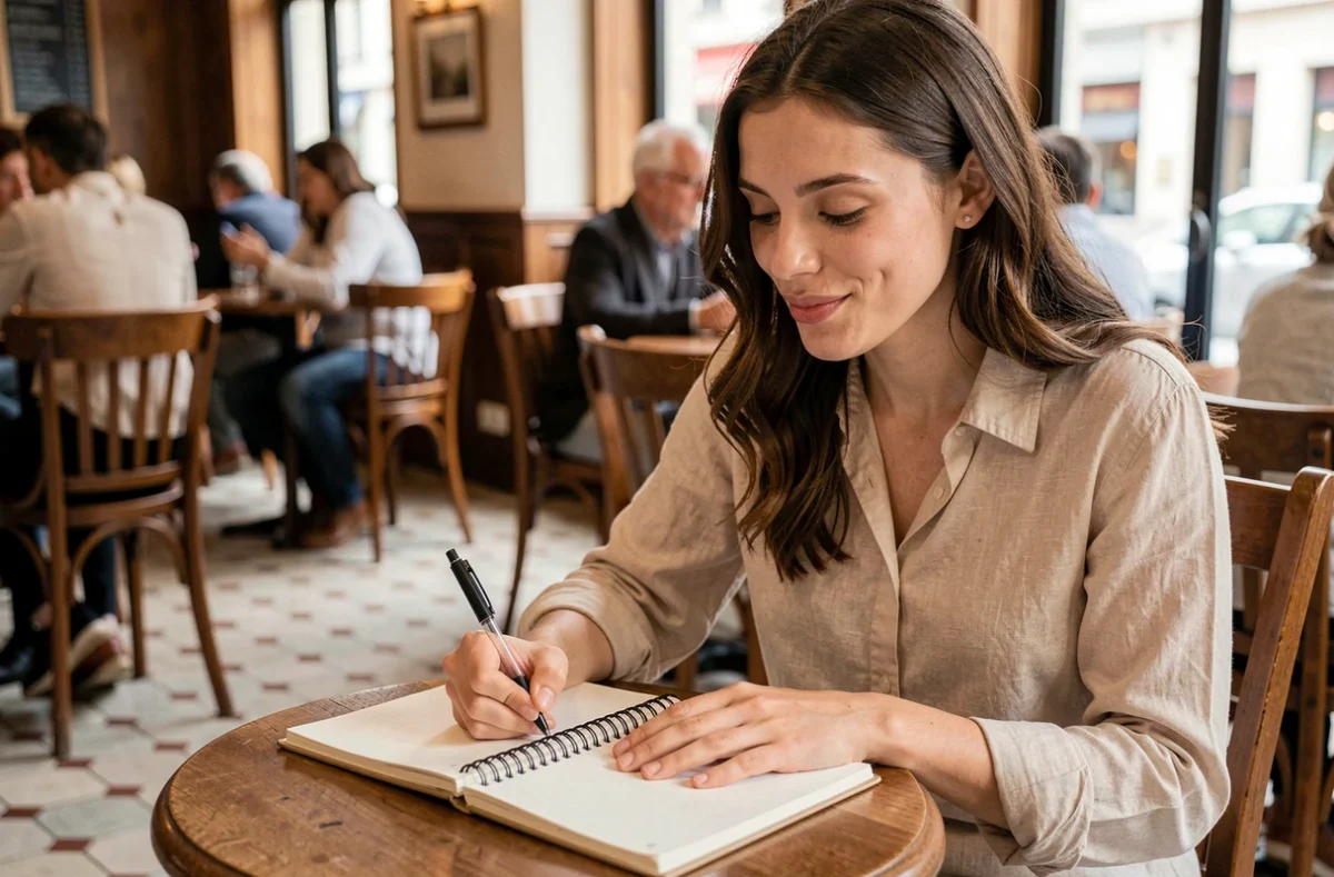 Jeune femme pratiquant la conjugaison espagnole à l'imparfait dans un carnet dans un café européen