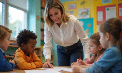 Jeune assistante aidant des enfants en classe