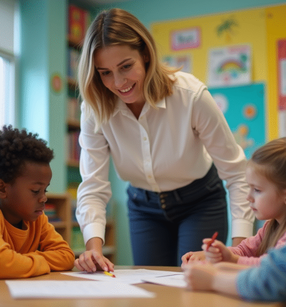 Jeune assistante aidant des enfants en classe