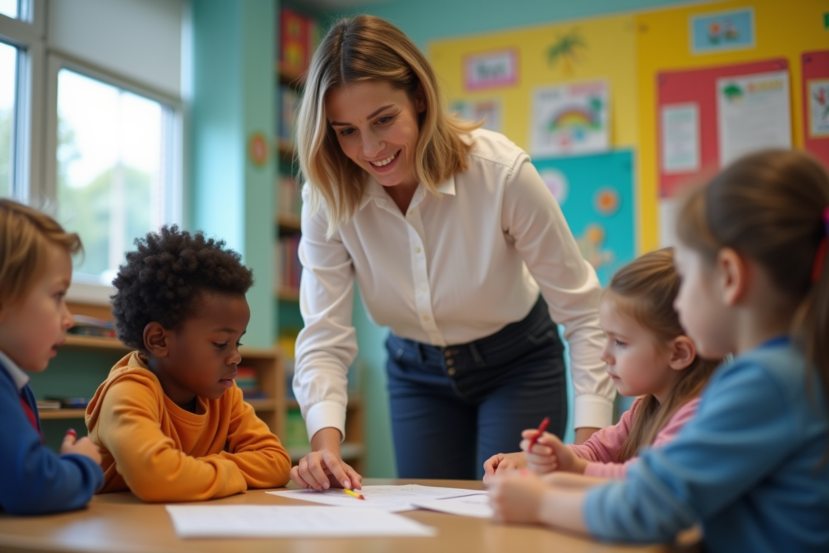 Jeune assistante aidant des enfants en classe