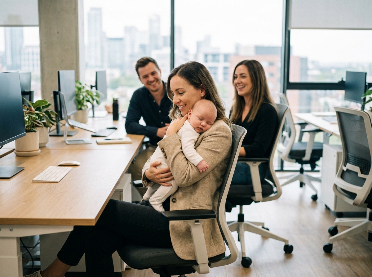 Femme professionnelle tenant un bébé dans un bureau moderne, entourée de collègues souriants, illustrant le lien humain au travail