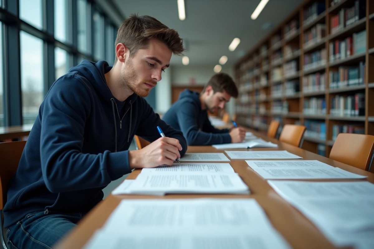 Jeune homme annotant des exemples de dissertations imprimés dans une bibliothèque universitaire moderne