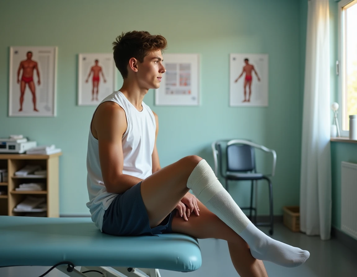 Jeune footballeur blessé au genou sur une table de soins dans l'infirmerie d'un centre de formation, symbolisant les blessures physiques et la pression sportive chez les jeunes