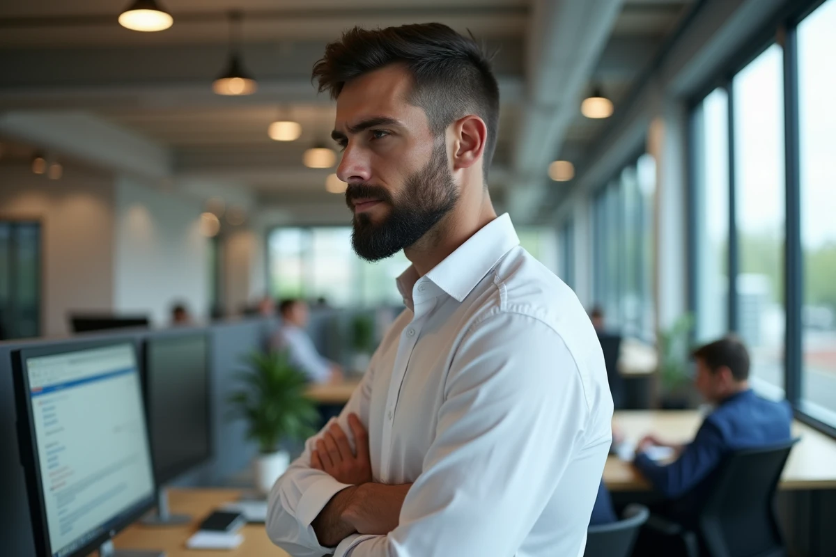 Employé dans un open space consultant plusieurs fils de messagerie institutionnelle sur un double écran