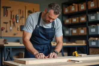 Homme bricoleur mesurant une planche en bois dans un atelier maison bien organisé