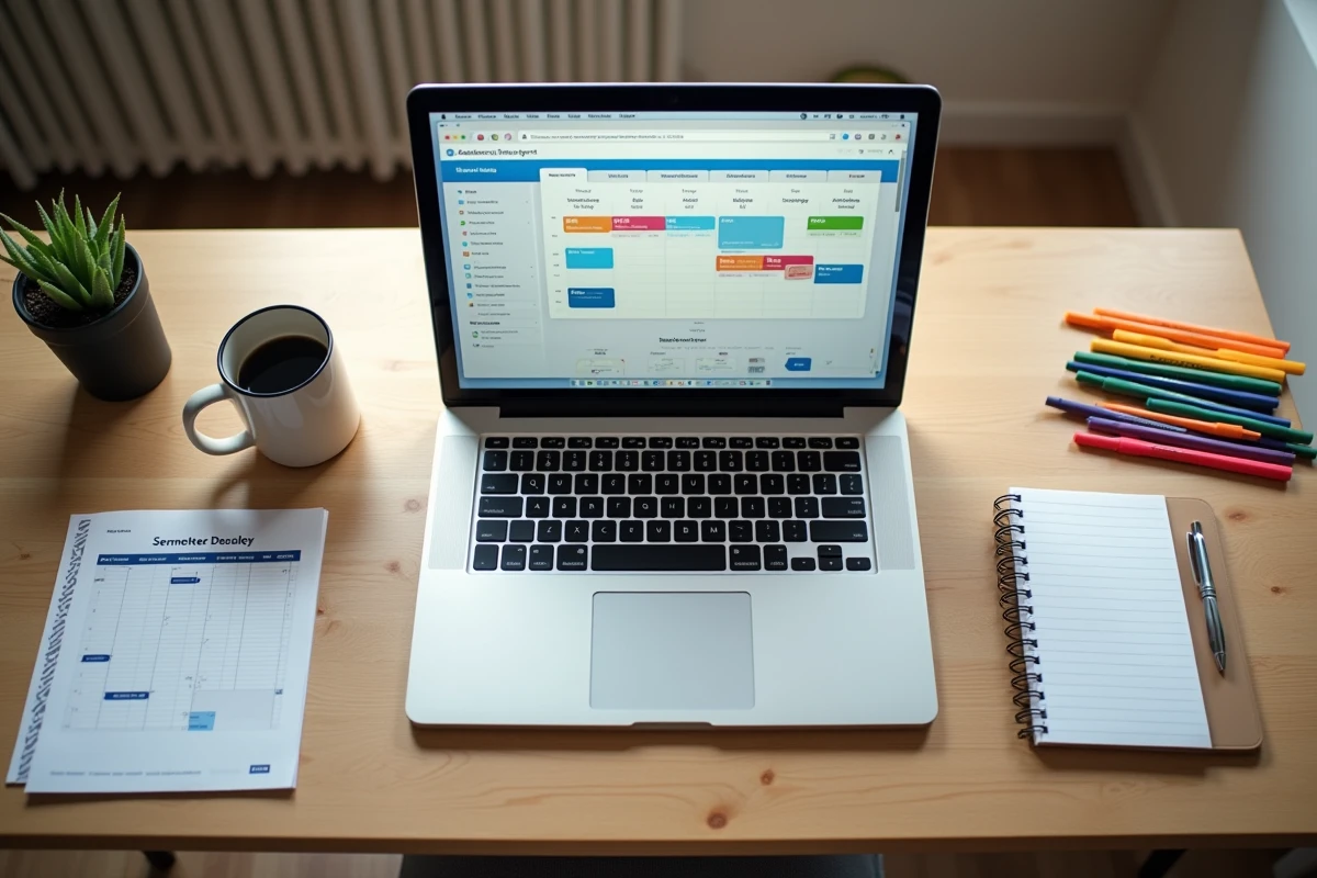 Vue aérienne d'un bureau étudiant organisé avec un ENT personnalisé sur laptop, agenda et outils de planification pour gagner du temps