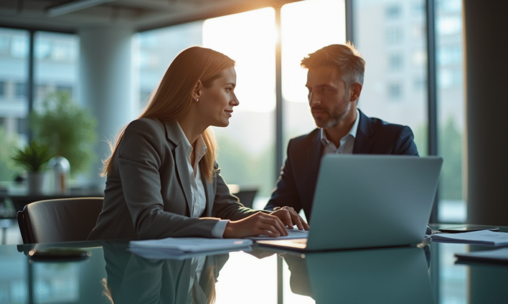 Espace de bureau moderne avec deux professionnels collaborant