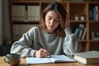 Jeune femme calculant des notes avec coefficient dans un carnet posé sur un bureau en bois