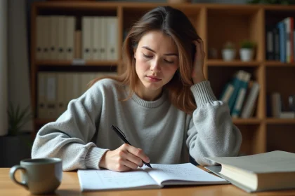 Jeune femme calculant des notes avec coefficient dans un carnet posé sur un bureau en bois