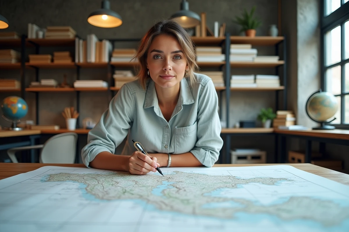 Cartographe femme travaillant sur une carte topographique dans un bureau de recherche géographique