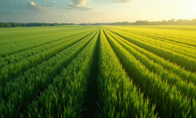 Champs agricoles contrastés avec cultures denses et plantations espacées