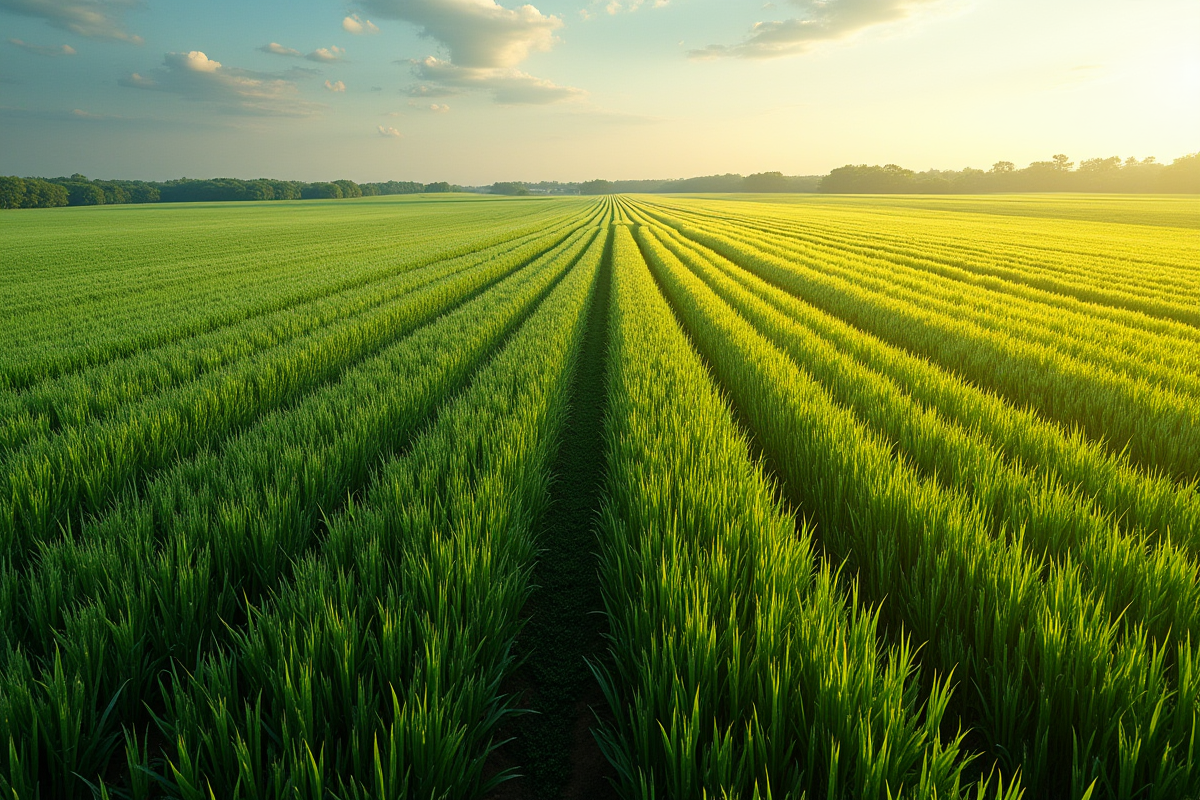 Champs agricoles contrastés avec cultures denses et plantations espacées