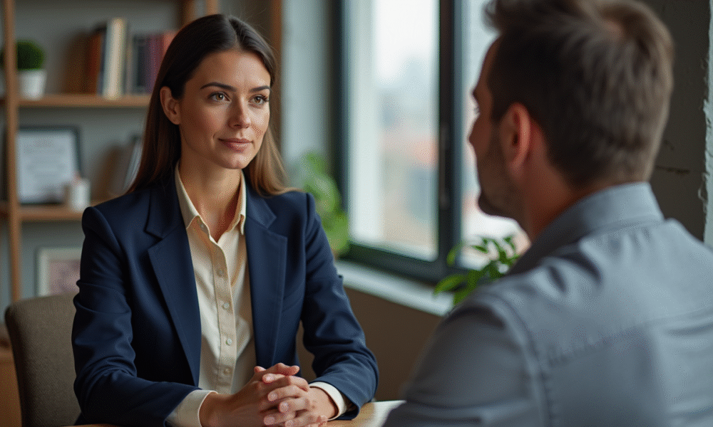 Femme en blazer navy en discussion avec un coach au bureau