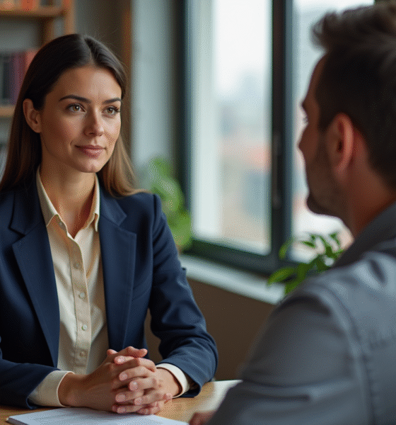 Femme en blazer navy en discussion avec un coach au bureau