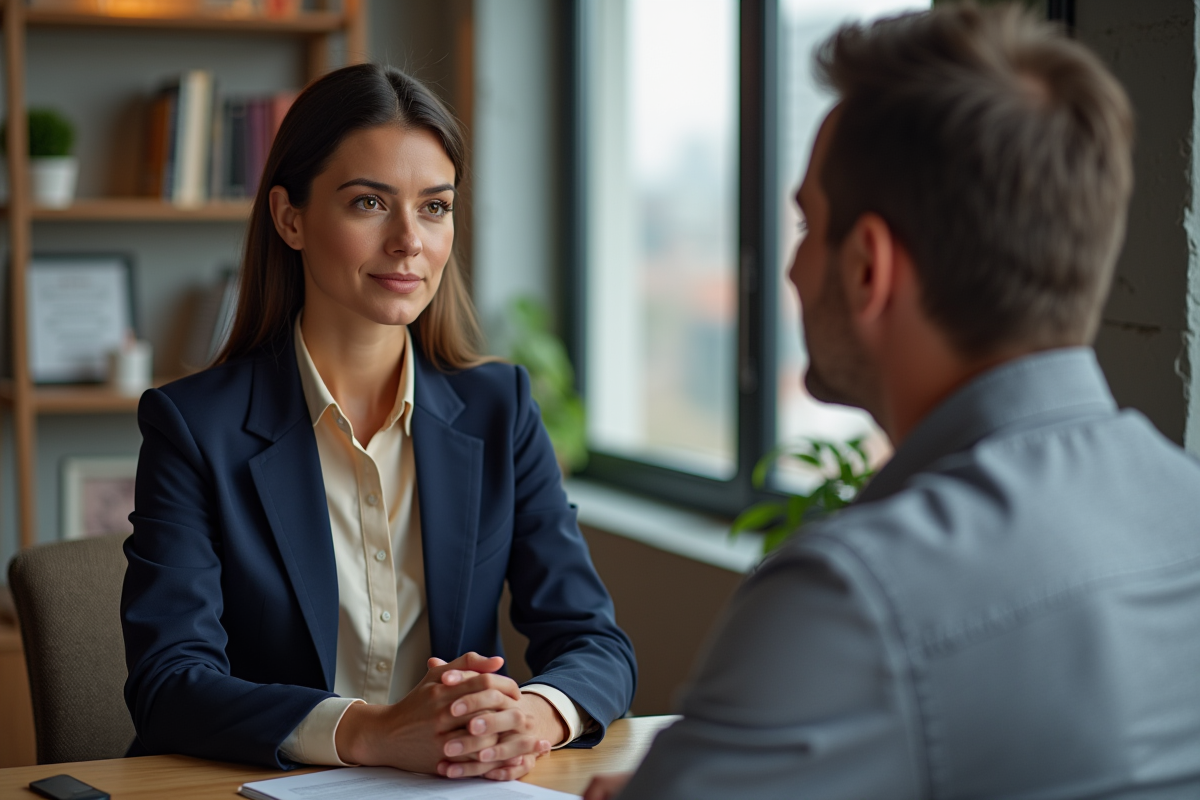 Femme en blazer navy en discussion avec un coach au bureau
