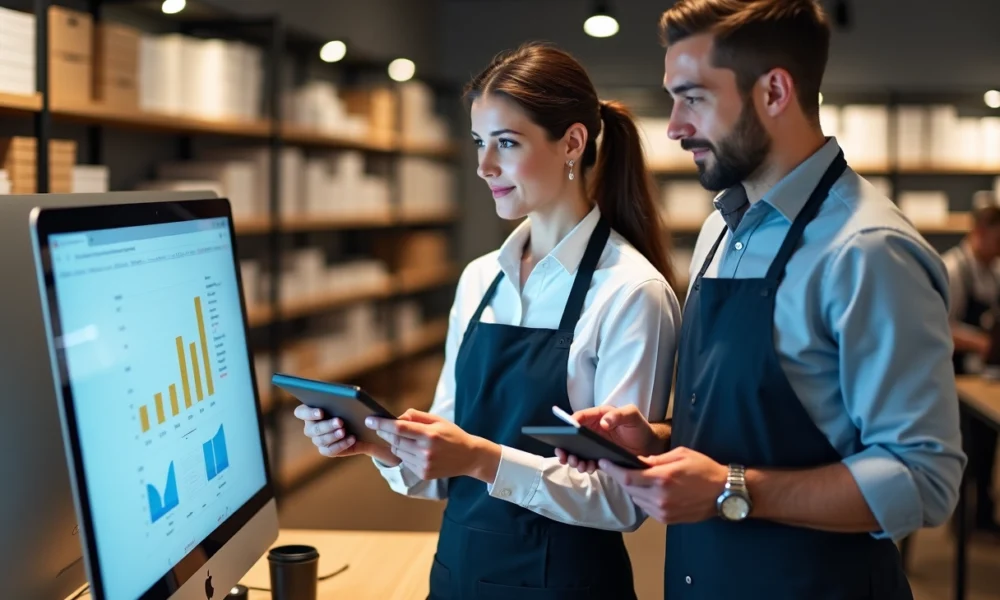 Femme et jeune homme en uniforme retail collaborant devant un ordinateur