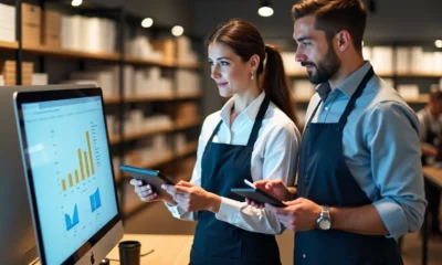 Femme et jeune homme en uniforme retail collaborant devant un ordinateur