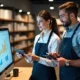 Femme et jeune homme en uniforme retail collaborant devant un ordinateur