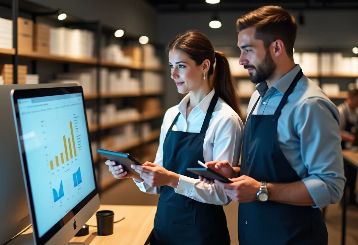 Femme et jeune homme en uniforme retail collaborant devant un ordinateur