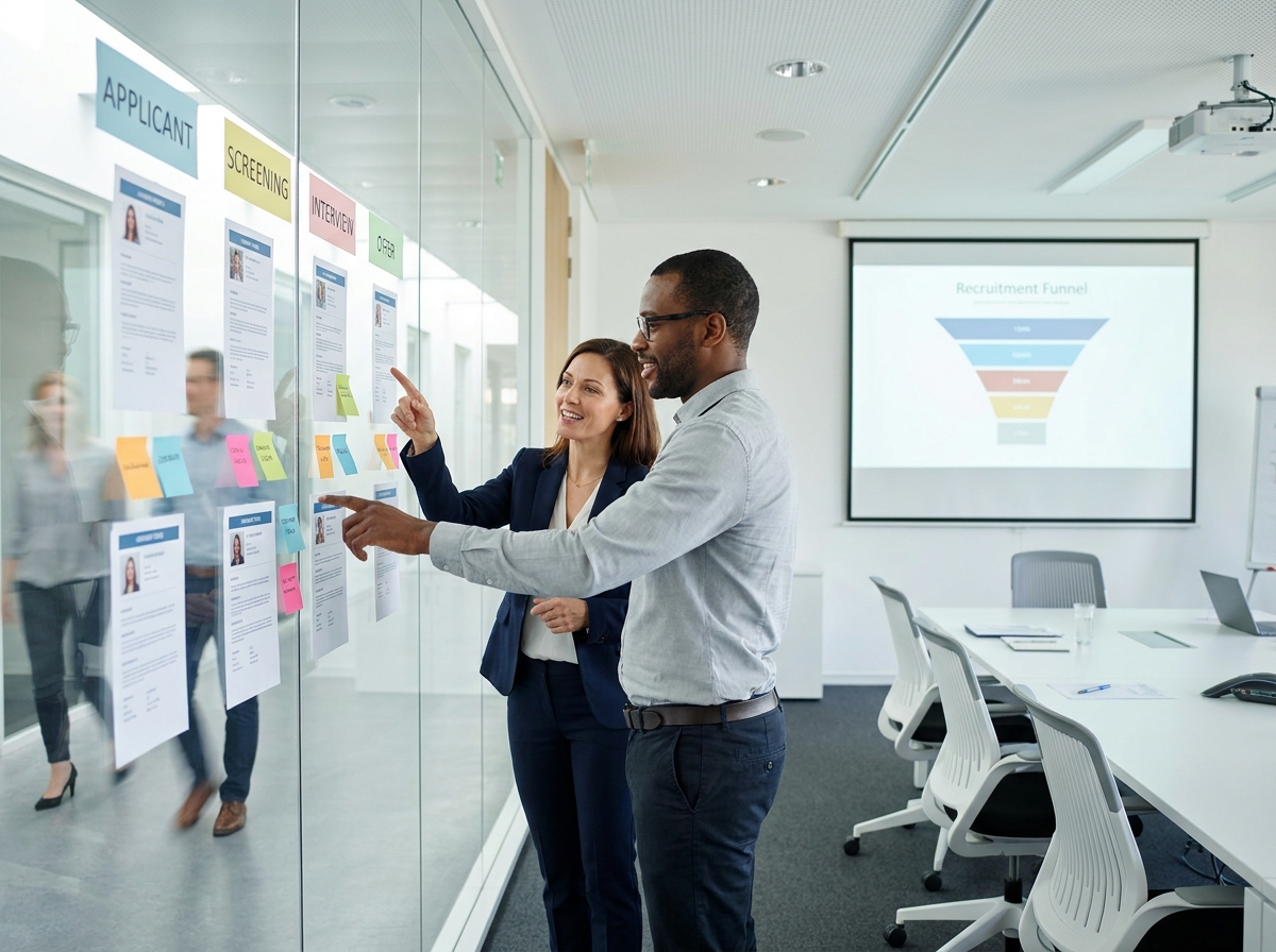 Deux professionnels RH collaborant sur un mur de candidatures organisées lors d'une réunion de recrutement