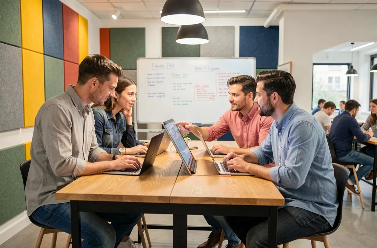 Groupe de collègues en réunion informelle dans un espace de co-working organisant leur workflow quotidien grâce à une solution de connexion multi-postes partagée