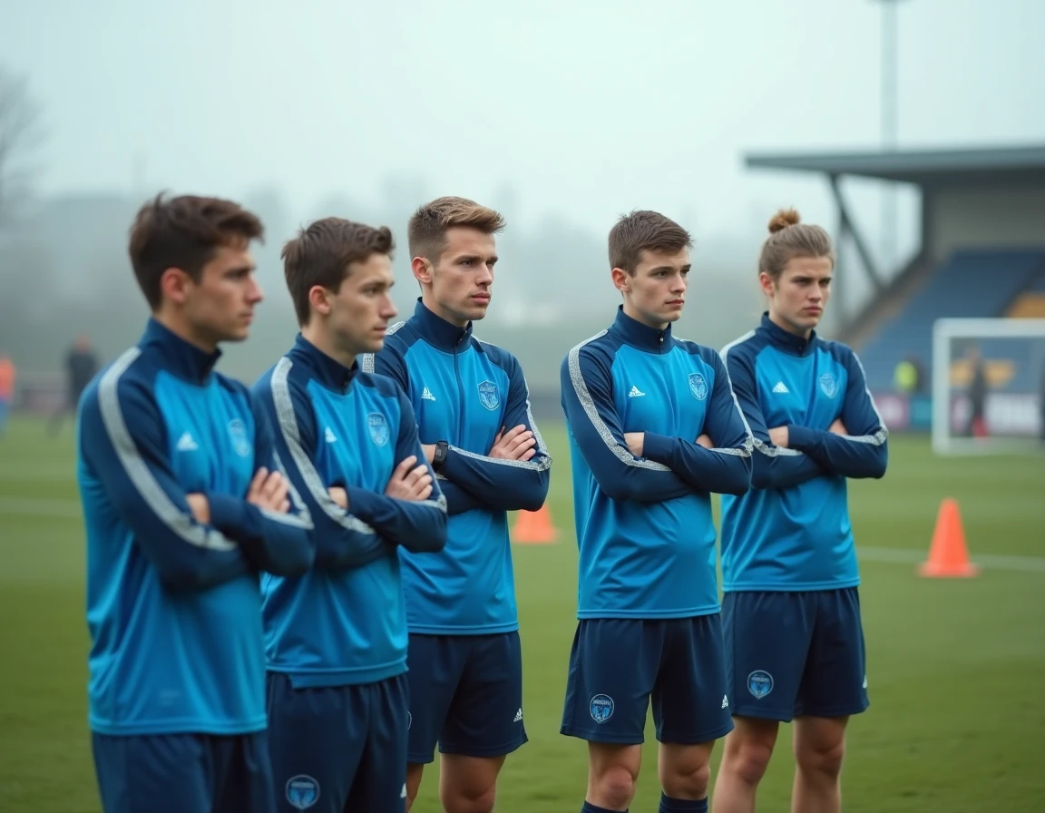 Groupe de jeunes joueurs du centre de formation de l'OM sur le terrain d'entraînement, regard concentré et atmosphère de concurrence intense entre les espoirs du club