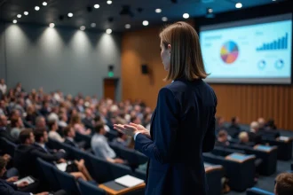 Conférencière experte en marketing digital présentant un plan stratégique 2026 lors d'une conférence professionnelle à Paris