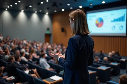 Conférencière experte en marketing digital présentant un plan stratégique 2026 lors d'une conférence professionnelle à Paris