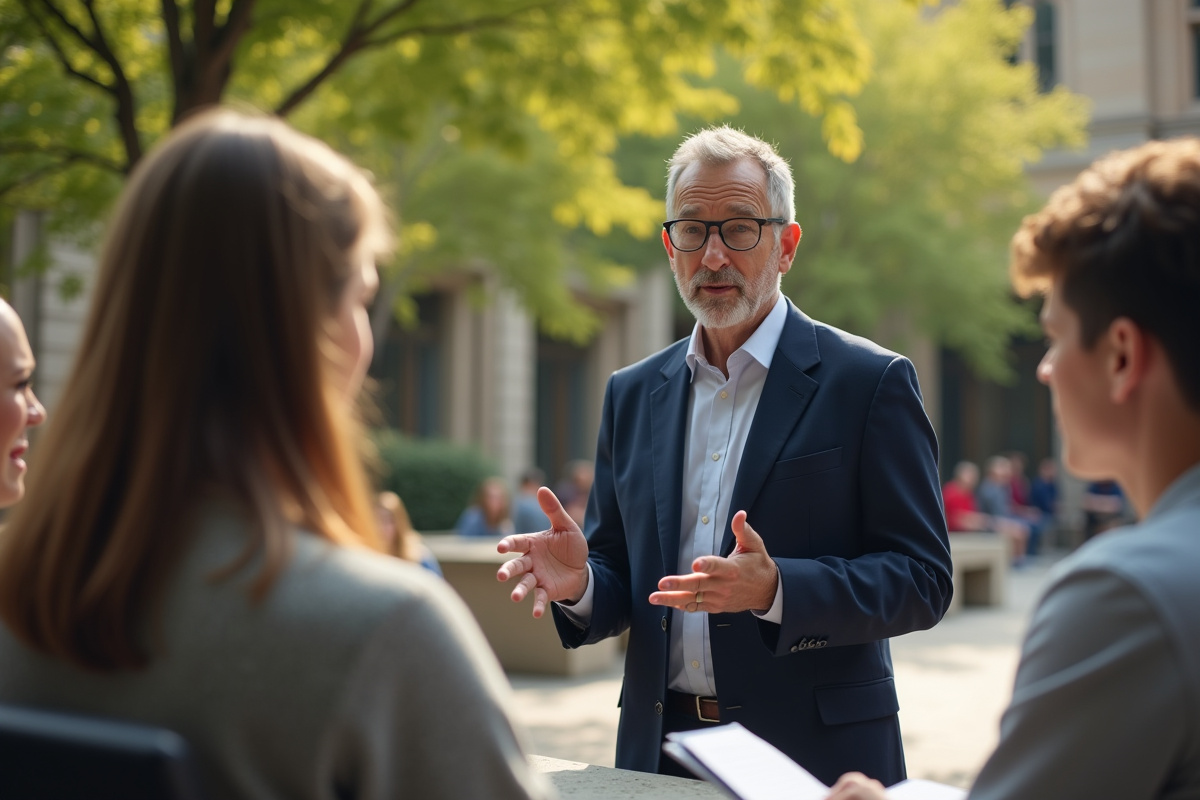 Conférencier universitaire parlant à des étudiants en plein air