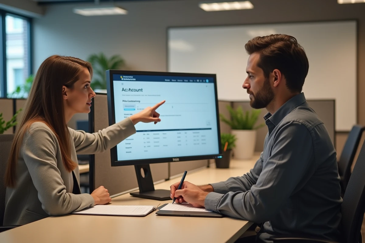 Deux collègues configurant et activant un compte en ligne ensemble dans un bureau professionnel