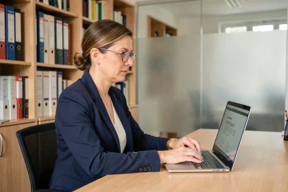 Femme professionnelle configurant le logiciel Esterel Académie sur un ordinateur portable dans un bureau administratif