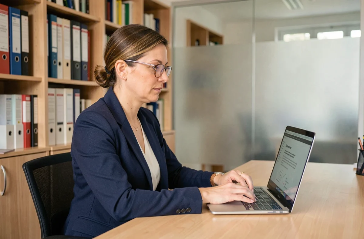 Femme professionnelle configurant le logiciel Esterel Académie sur un ordinateur portable dans un bureau administratif