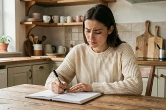 Jeune femme écrivant la conjugaison du verbe manger au passé simple dans un cahier ouvert sur une table en bois