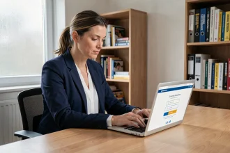 Enseignante connectée à une plateforme scolaire en ligne sur son ordinateur portable depuis un bureau à domicile